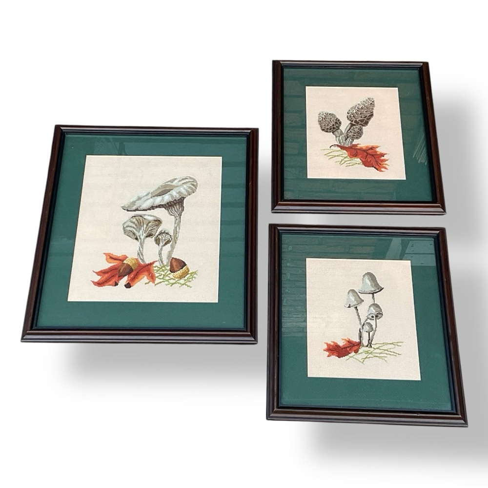 Handmade Needlepoint Mushrooms Framed Set of 3 Cottagecore Rustic Decor‎ Art
